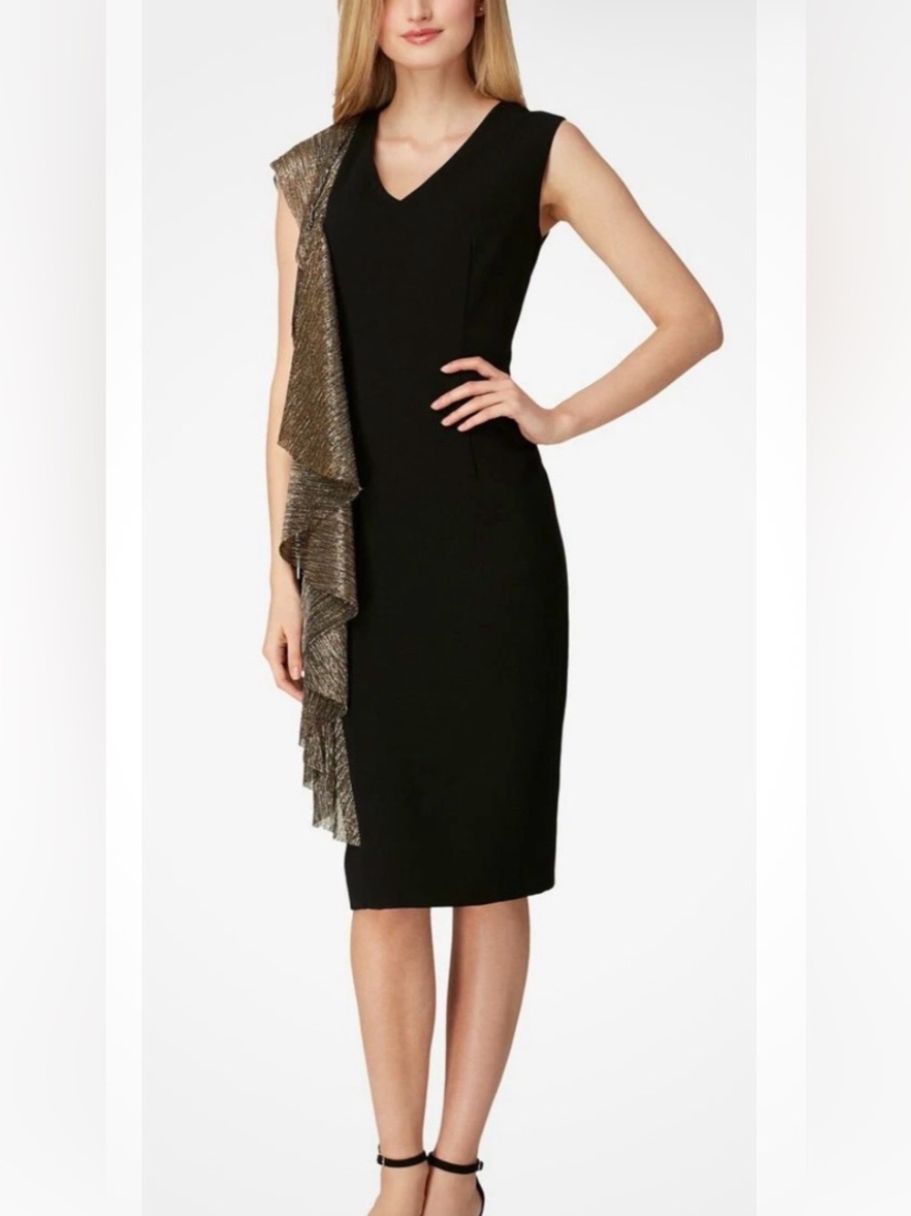 Tahari ASL Black Sheath Dress with Gold Ruffle Accent
